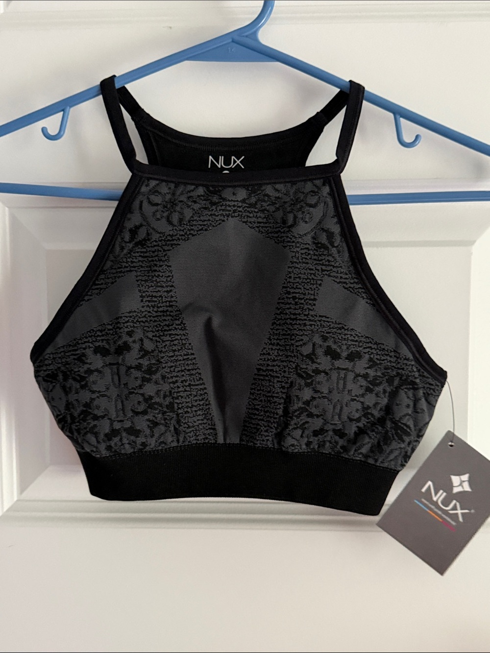 NUX Gia Crop Black High-Neck Jacquard Seamless Sports Bra small